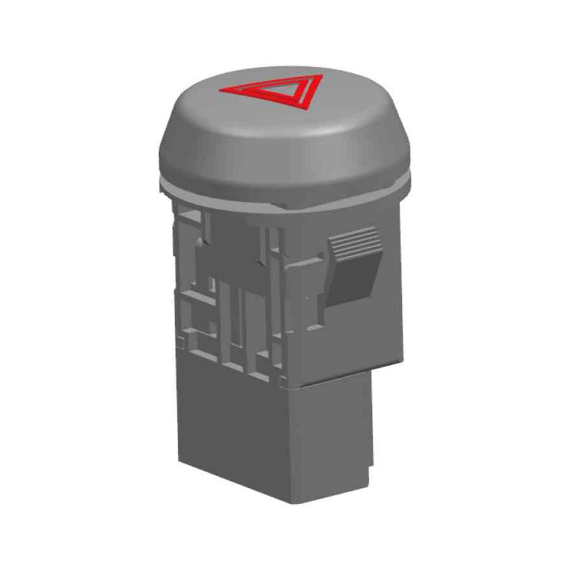 TDK-901 hazard warning switch shown as a 3D module — domed grey cap carrying the red hazard triangle, ribbed panel-mount body and a rectangular connector shroud at the base