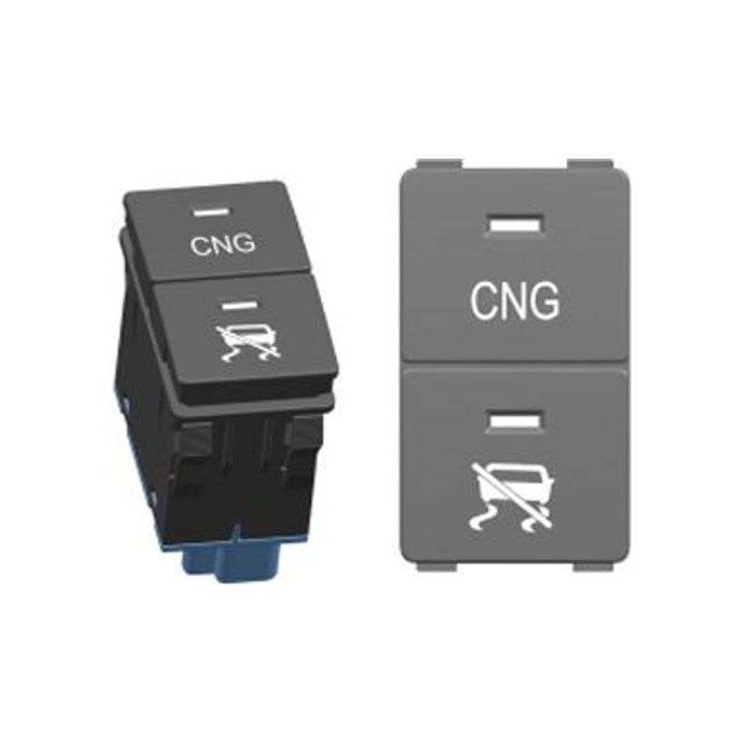 TDK-904 two-button dashboard switch — top CNG fuel-mode button, bottom ESP-off button — shown as a 3D module with blue connector base beside a flat front bezel