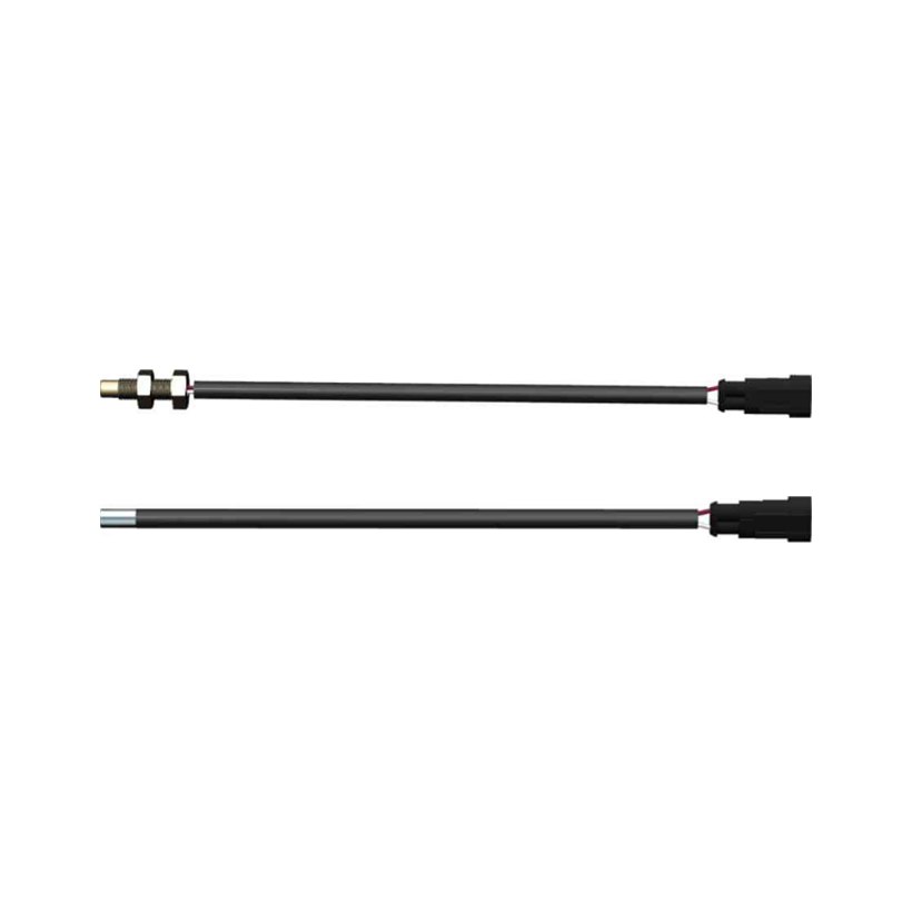 YL02-WK temperature switch series — two probe variants on leads with a two-way connector: the upper one with an M10 threaded boss and lock nuts, the lower one with a plain probe tip for strap mounting