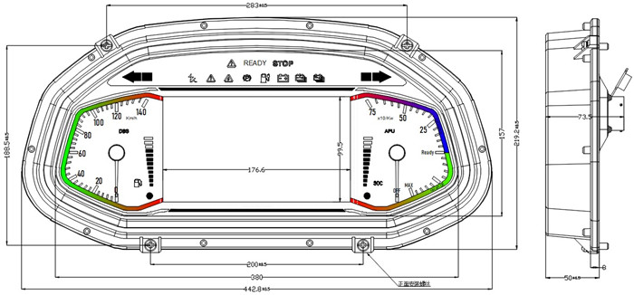 PBX-2301 mechanical drawing — front-face layout with left and right analogue dials, central 176.6 × 95.5 mm display window, READY/STOP indicators top centre, and 442.8 × 219.2 × 73.5 mm overall envelope with 200 mm mounting bolt centres